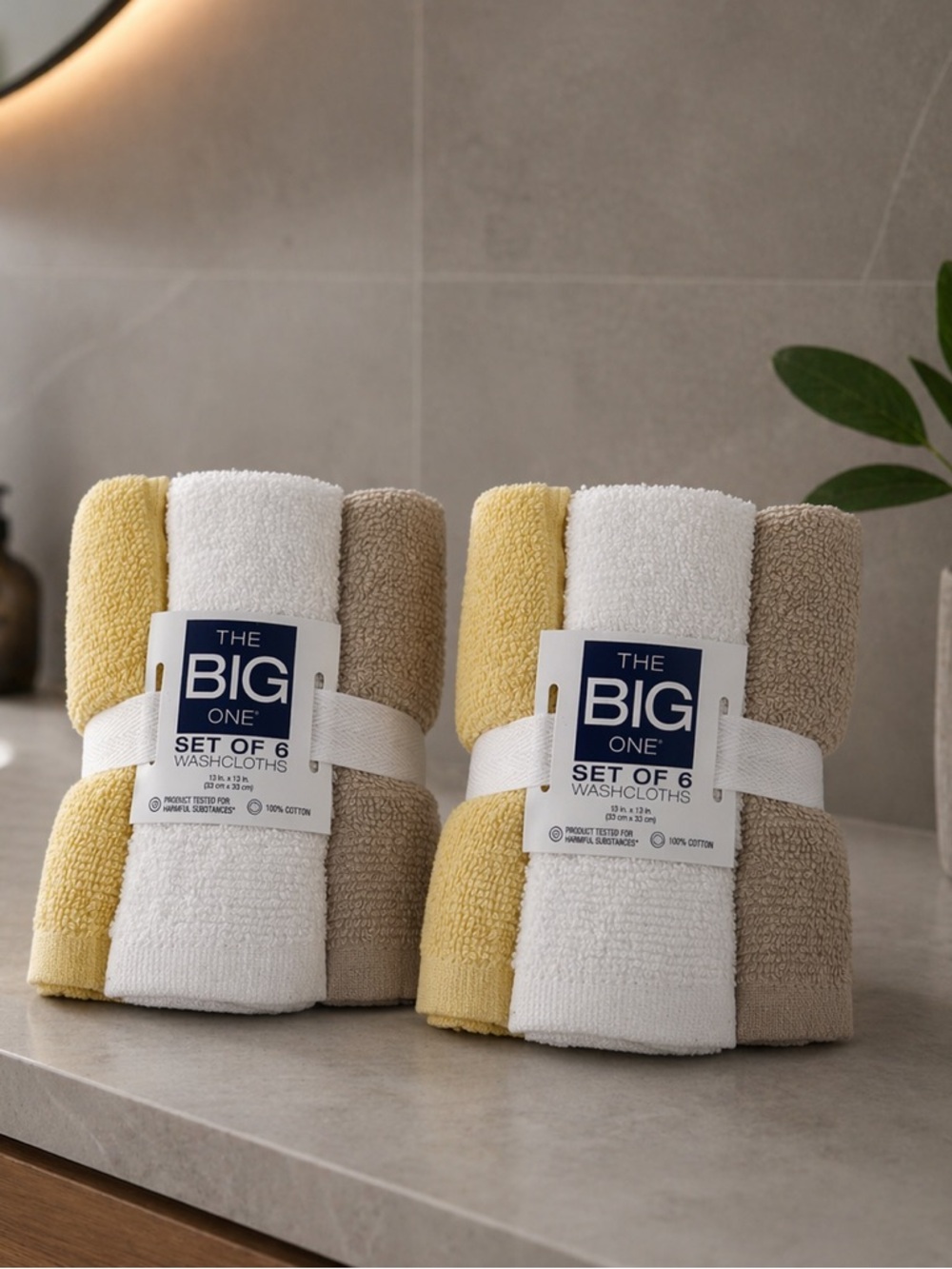 2x The Big One Washcloths Face Cloths 6 Pack 100% Cotton yellow & White 13”x 13”